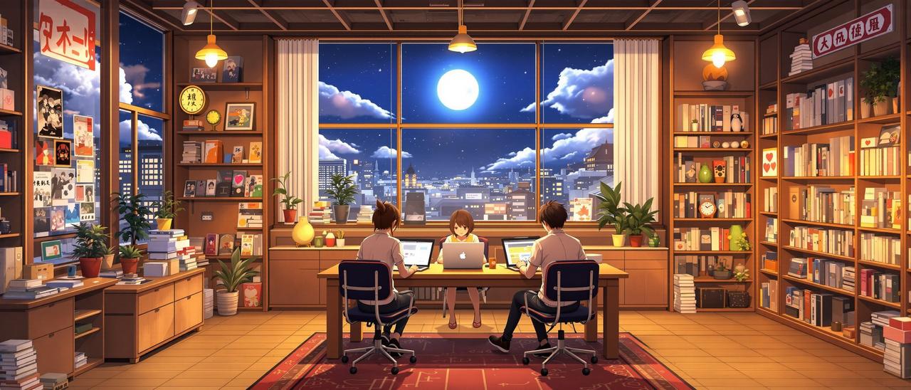 免费看漫画团队工作场景 - 月光下的动漫编辑部，充满番剧海报与温暖灯光